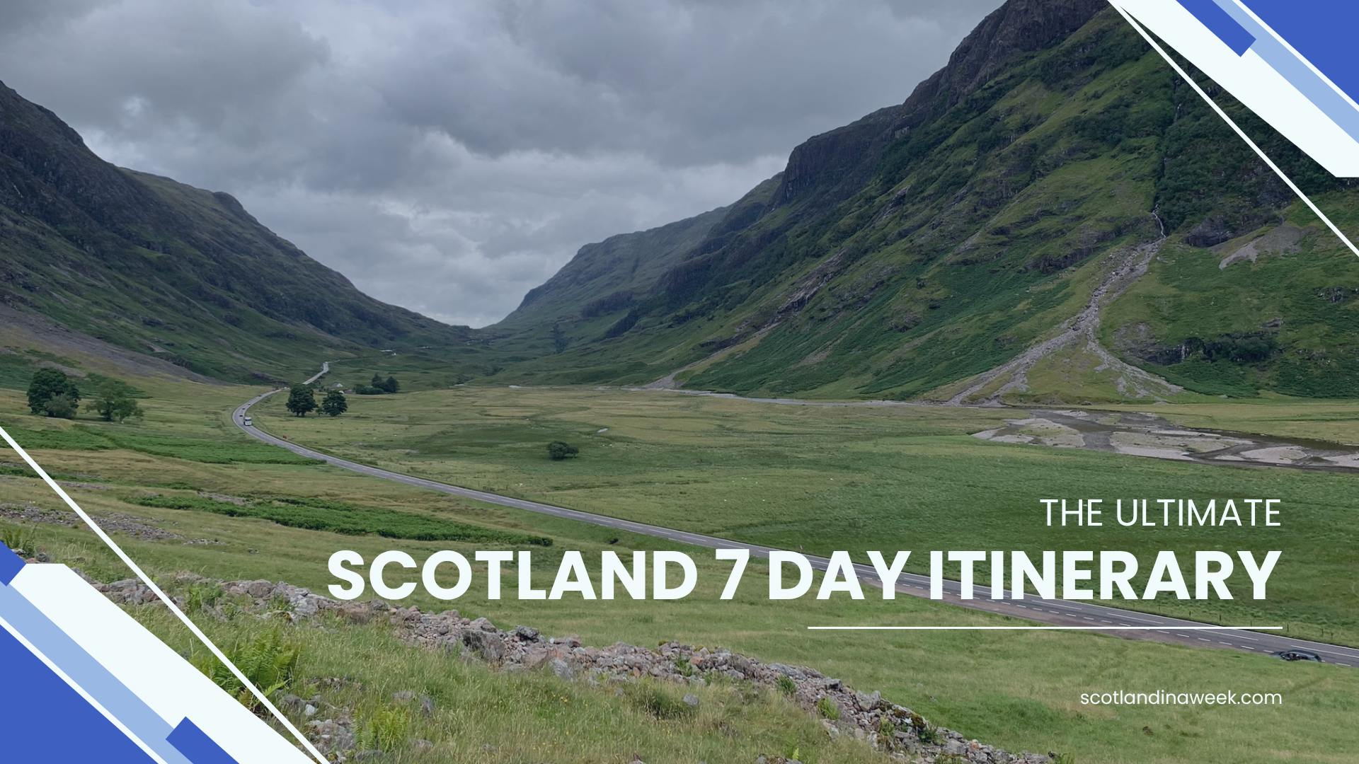 a Scottish glen with a road running through it